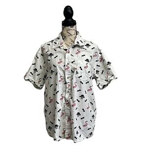 VSTR Premium Mens L Shirt White All Over Skulls Flamingos Button Front Preppy